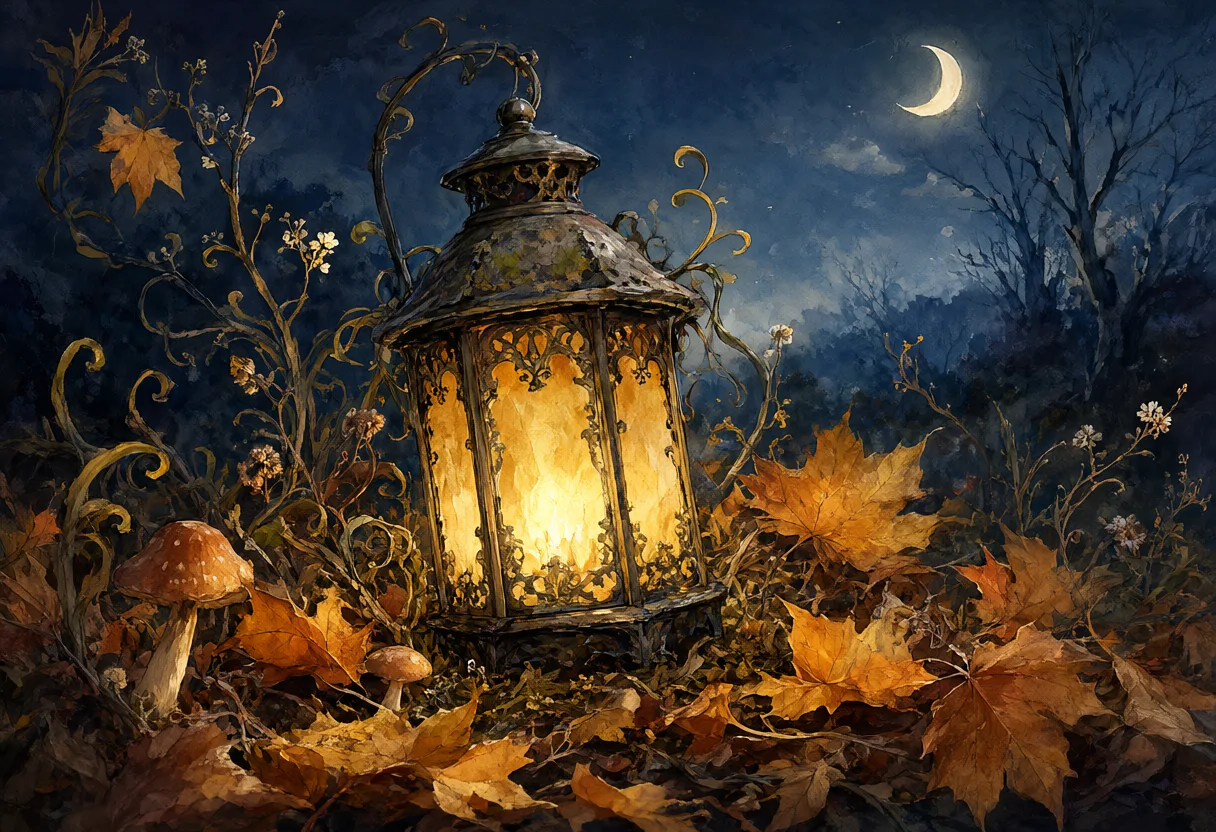 An ornate glowing lantern surrounded by autumn leaves and mushrooms in a dark forest beneath a crescent moon. (AI-generated)