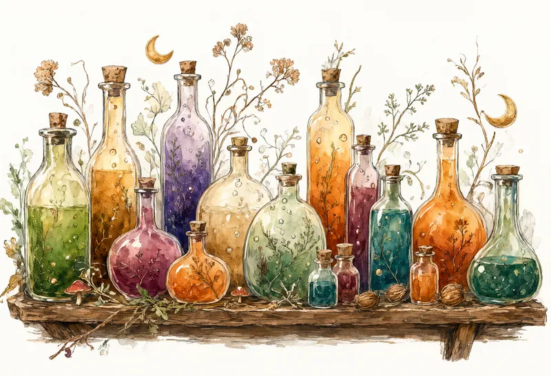 Colorful glass potion bottles arranged on a wooden shelf with dried flowers, plants, and crescent moon decorations. (AI-generated)