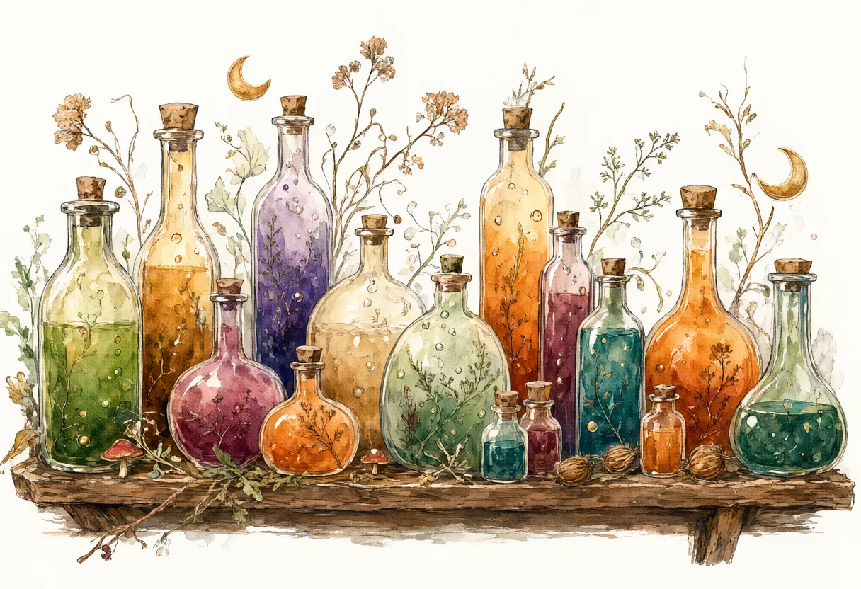 Colorful glass potion bottles arranged on a wooden shelf with dried flowers, plants, and crescent moon decorations. (AI-generated)