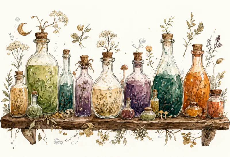 Watercolor collection of colorful potion bottles with botanical stems, dried flowers, mushrooms, and small crescent moons. (AI-generated)
