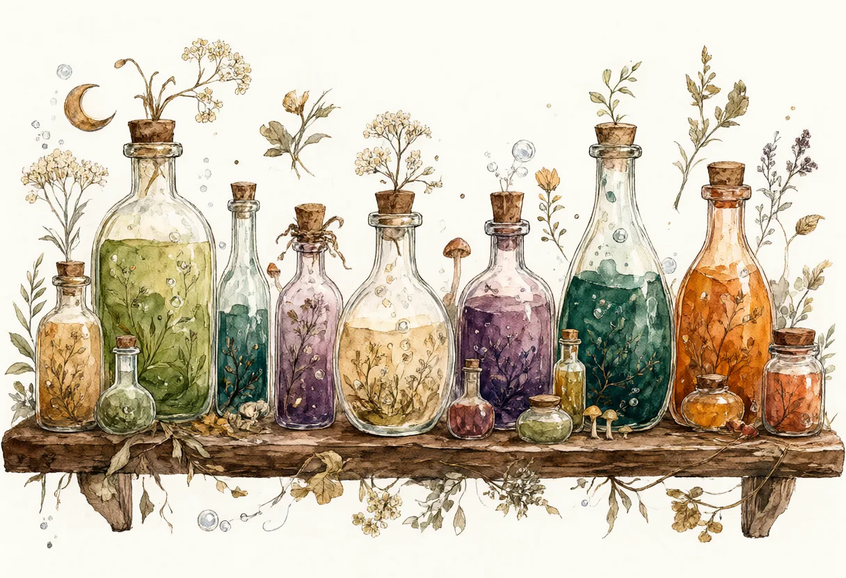 Watercolor collection of colorful potion bottles with botanical stems, dried flowers, mushrooms, and small crescent moons. (AI-generated)