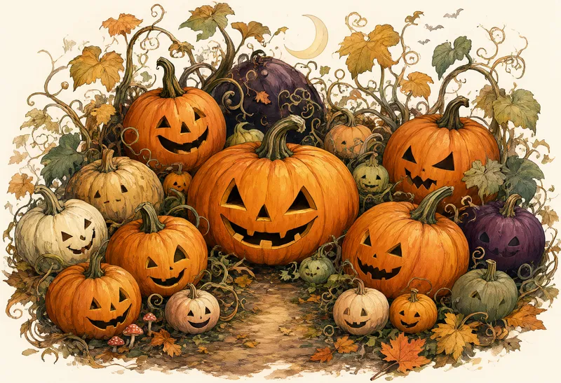 Watercolor illustration of carved Halloween pumpkins surrounded by autumn vines, colorful leaves, and small mushrooms. (AI-generated)