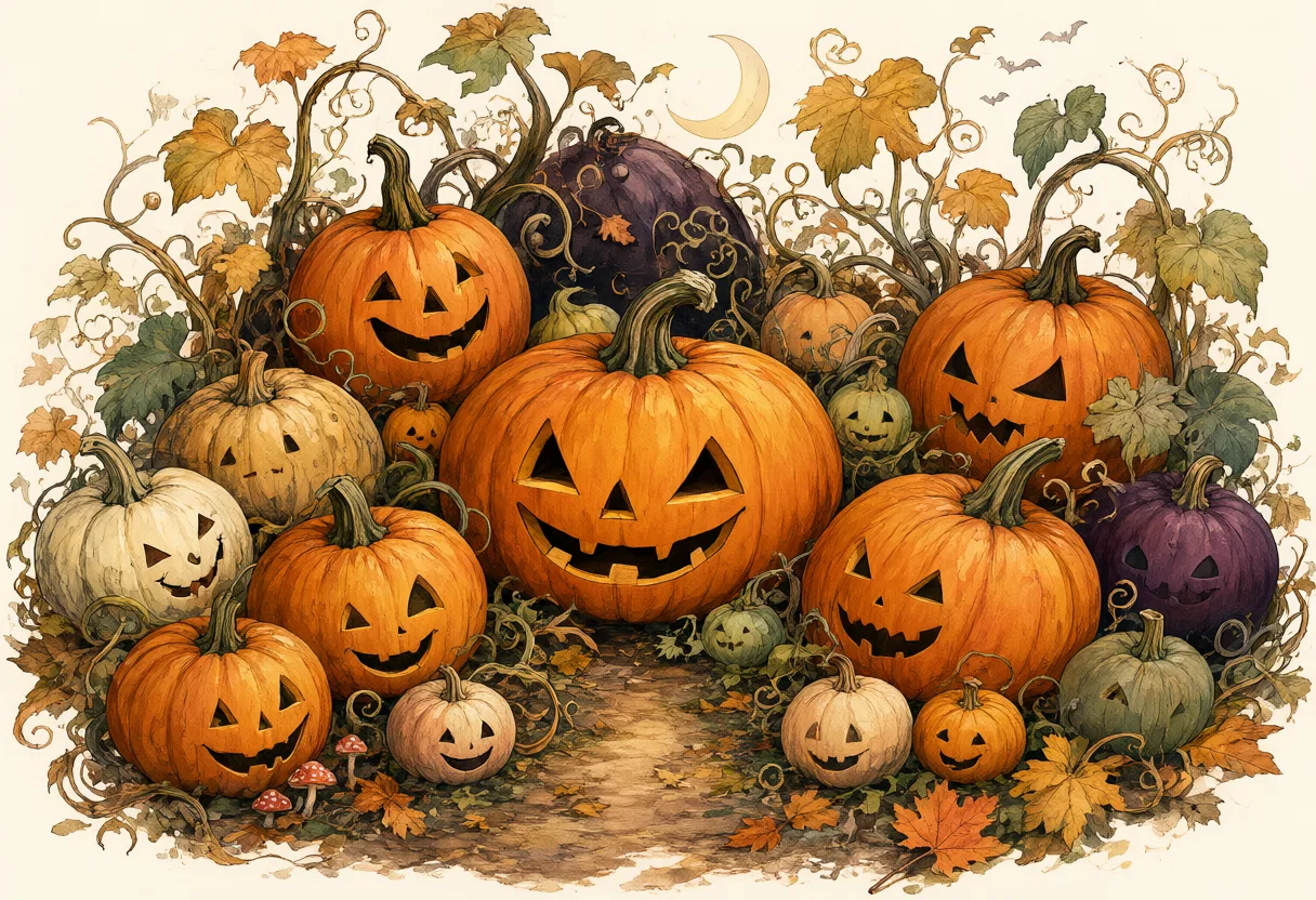 Watercolor illustration of carved Halloween pumpkins surrounded by autumn vines, colorful leaves, and small mushrooms. (AI-generated)