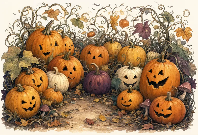 Watercolor-style orange, white, and purple pumpkins with carved faces, curling vines, and autumn leaves. (AI-generated)