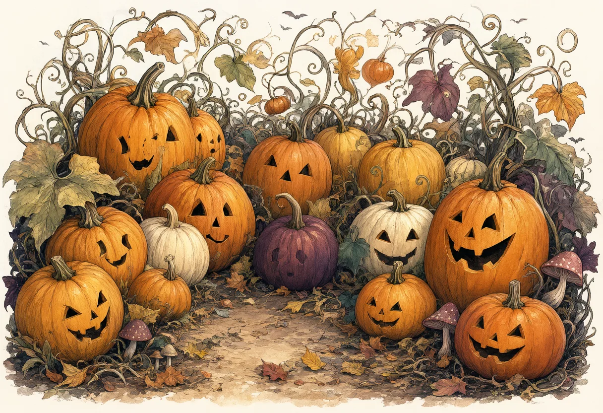 Watercolor-style orange, white, and purple pumpkins with carved faces, curling vines, and autumn leaves. (AI-generated)