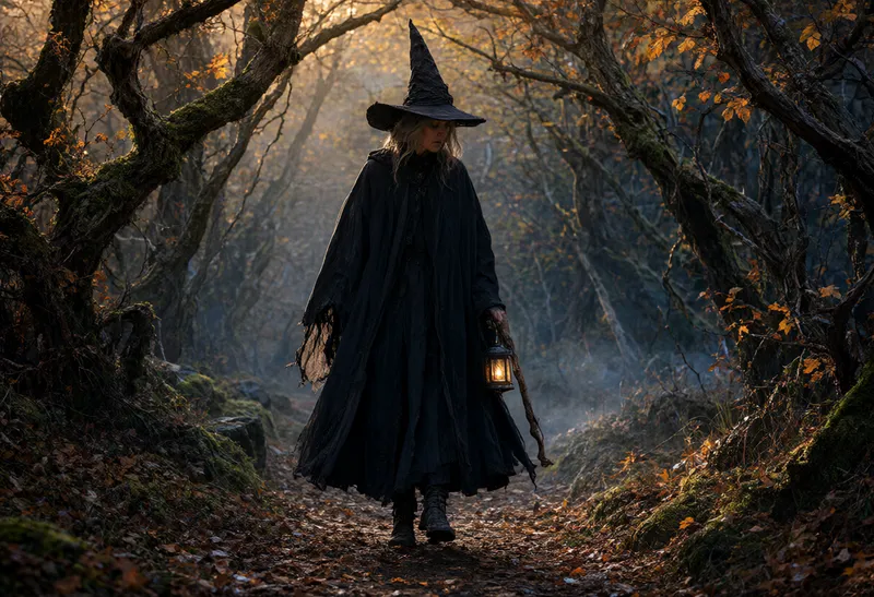 A cloaked witch holding a lantern and staff while walking through a misty forest in autumn. (AI-generated)