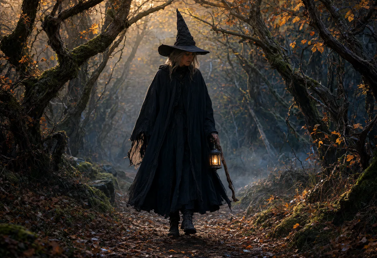 A cloaked witch holding a lantern and staff while walking through a misty forest in autumn. (AI-generated)
