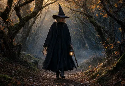 Witch Walking Through a Misty Autumn Forest (AI-generated)