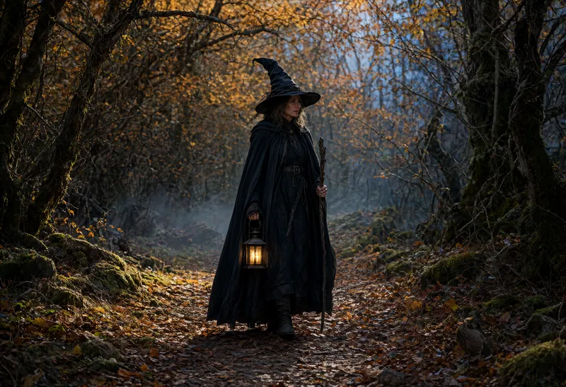 A witch in a black cloak carrying a glowing lantern on a misty autumn forest path. (AI-generated)