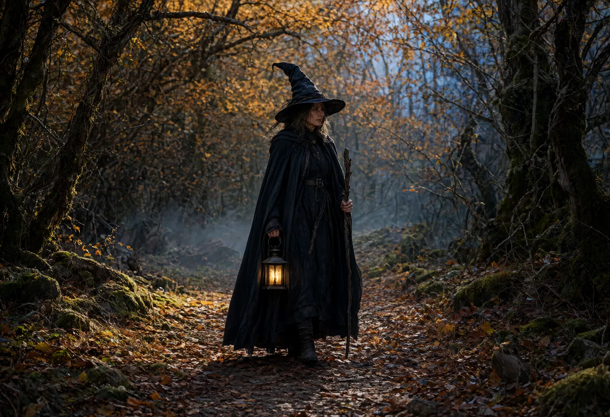 A witch in a black cloak carrying a glowing lantern on a misty autumn forest path. (AI-generated)