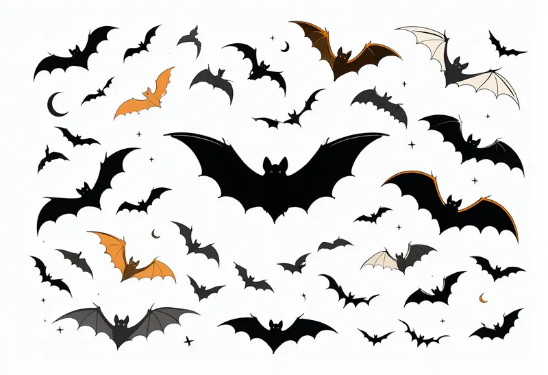 Collection of black and orange bat silhouettes with moon and star accents on a white background. (AI-generated)