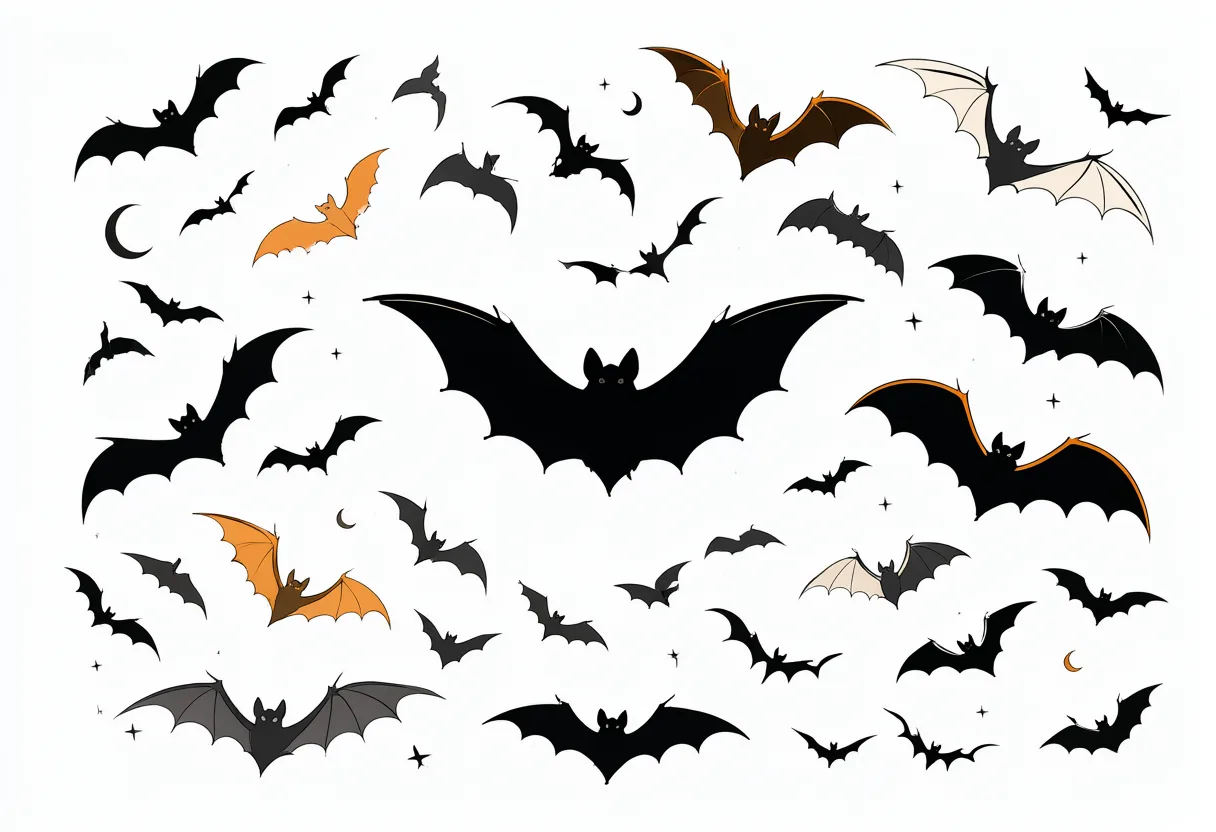 Collection of black and orange bat silhouettes with moon and star accents on a white background. (AI-generated)