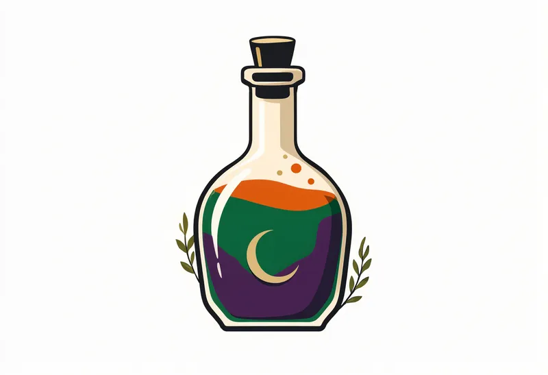 Stylized potion bottle with green, purple, and orange liquids and a crescent moon symbol on a white background. (AI-generated)