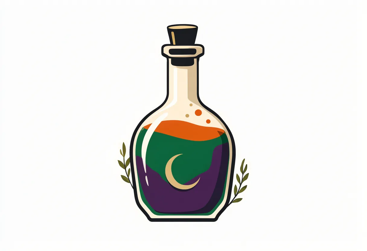 Stylized potion bottle with green, purple, and orange liquids and a crescent moon symbol on a white background. (AI-generated)
