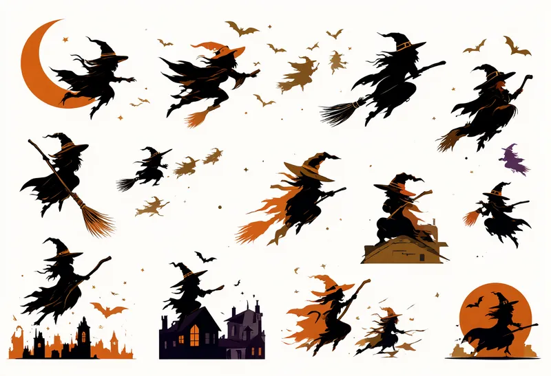 Collection of black witch silhouettes flying on broomsticks with bats, crescent moons, and haunted buildings. (AI-generated)