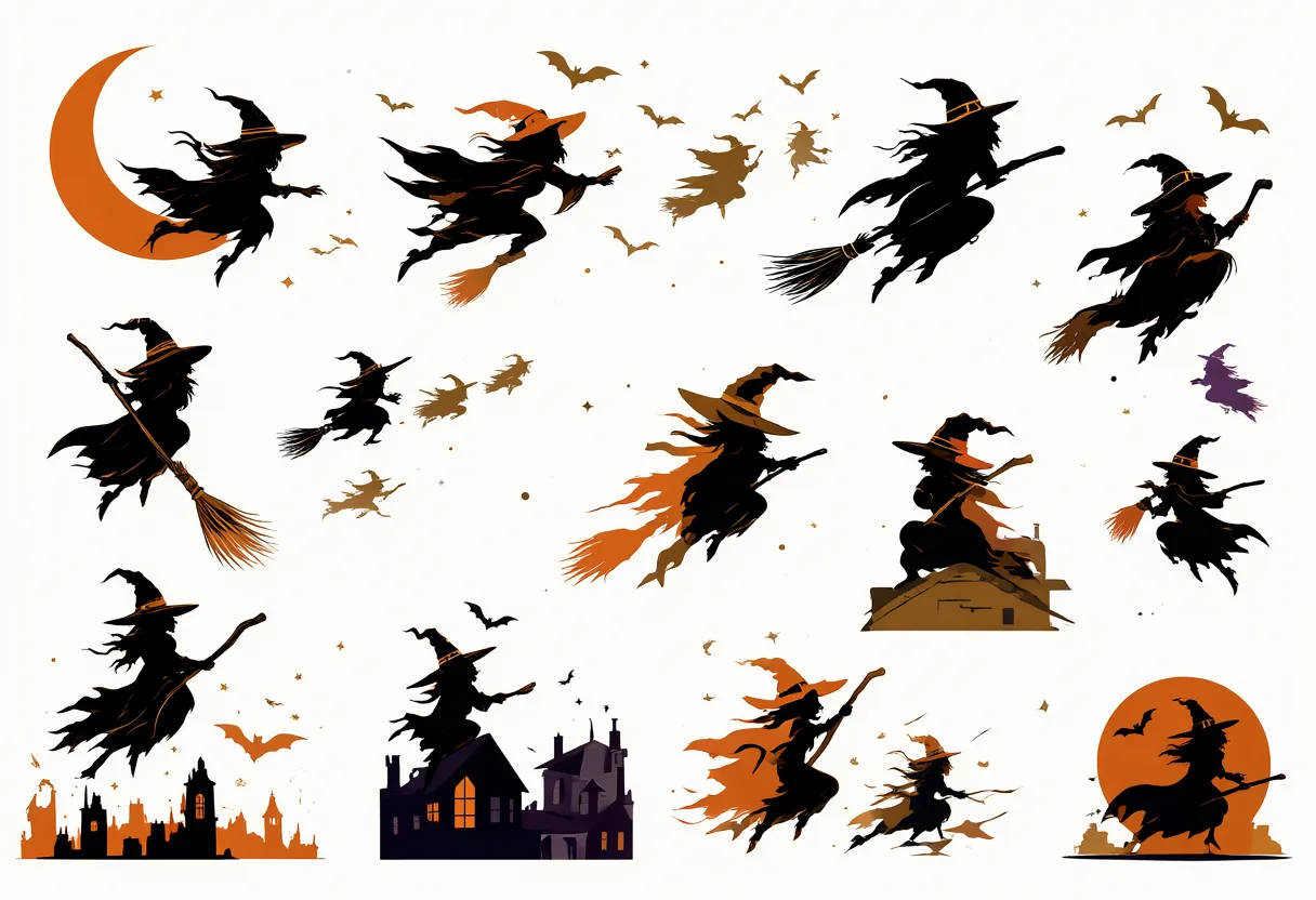 Collection of black witch silhouettes flying on broomsticks with bats, crescent moons, and haunted buildings. (AI-generated)