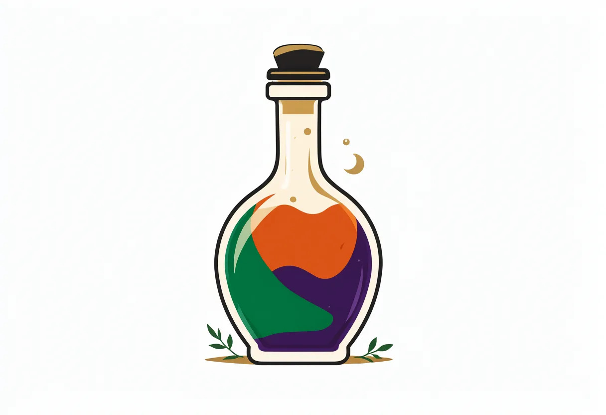 Cartoon glass potion bottle filled with orange, green, and purple liquid with a crescent moon detail. (AI-generated)