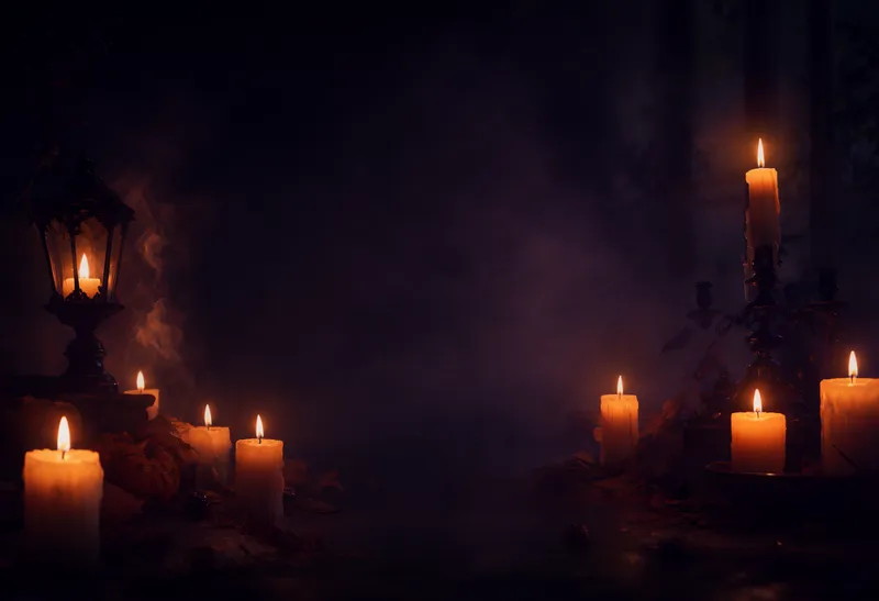 Dark Halloween background with glowing candles and an antique lantern framing a smoky empty center. (AI-generated)