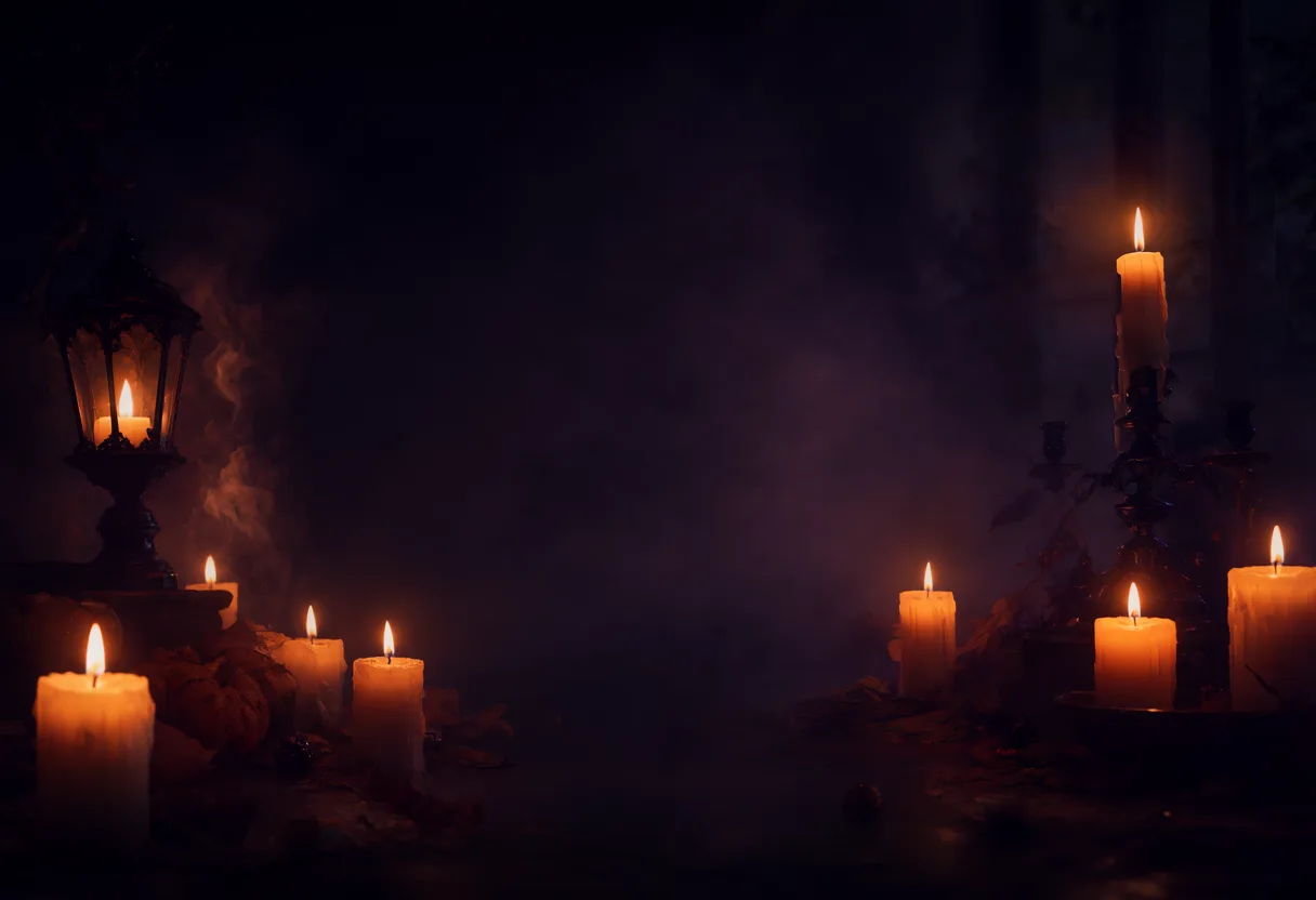 Dark Halloween background with glowing candles and an antique lantern framing a smoky empty center. (AI-generated)
