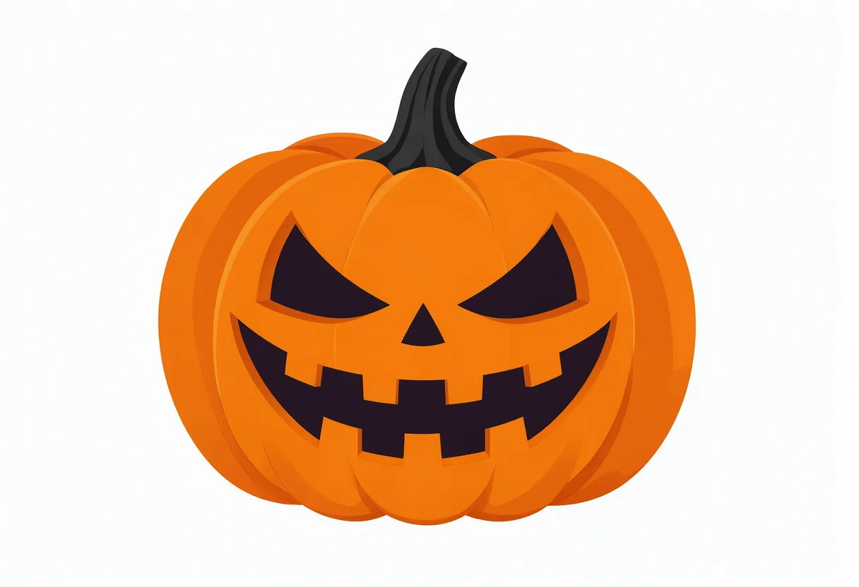 Cartoon orange jack-o'-lantern with sharp eyes and a mischievous grin on a white background. (AI-generated)