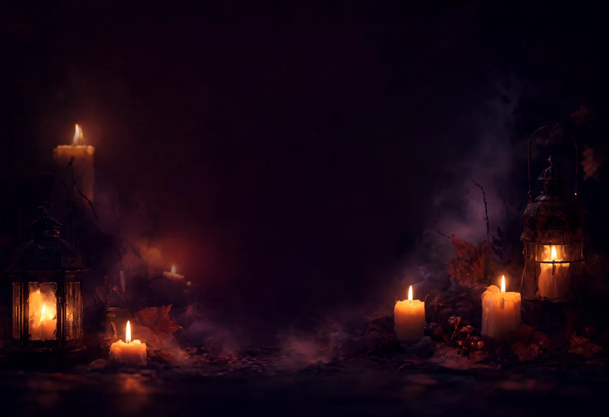 Black haunted house silhouette with glowing orange windows, bare trees, and bats against a large orange moon. (AI-generated)