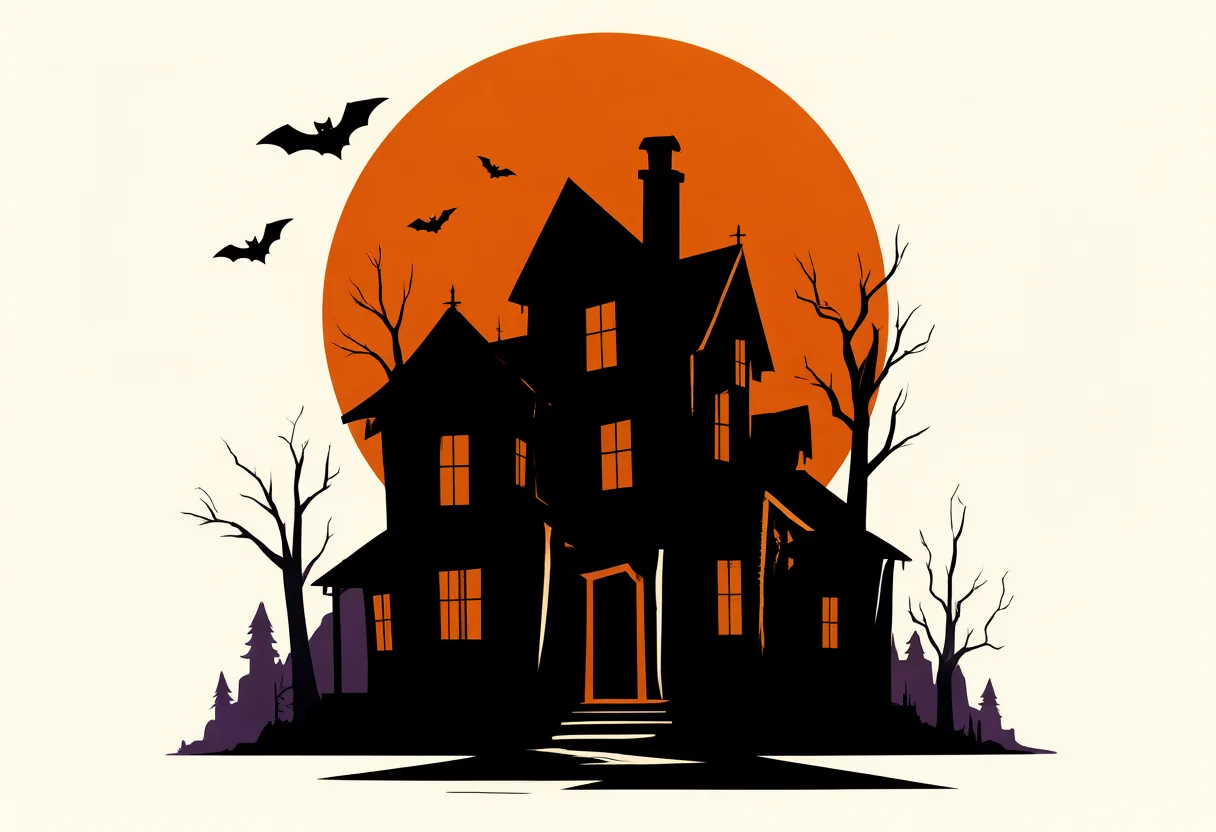 Black haunted house silhouette with orange windows, bare trees, flying bats, and a large orange moon. (AI-generated)