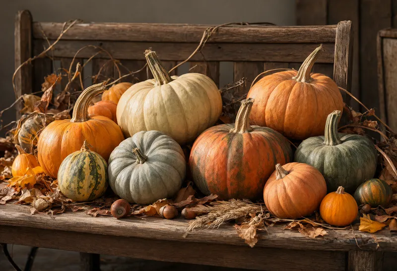 A variety of orange, cream, and green pumpkins displayed on a weathered wooden table with autumn leaves. (AI-generated)