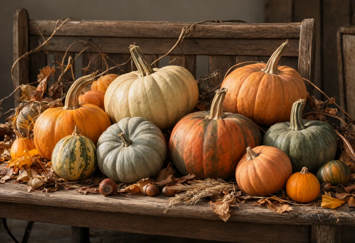 A variety of orange, cream, and green pumpkins displayed on a weathered wooden table with autumn leaves. (AI-generated)