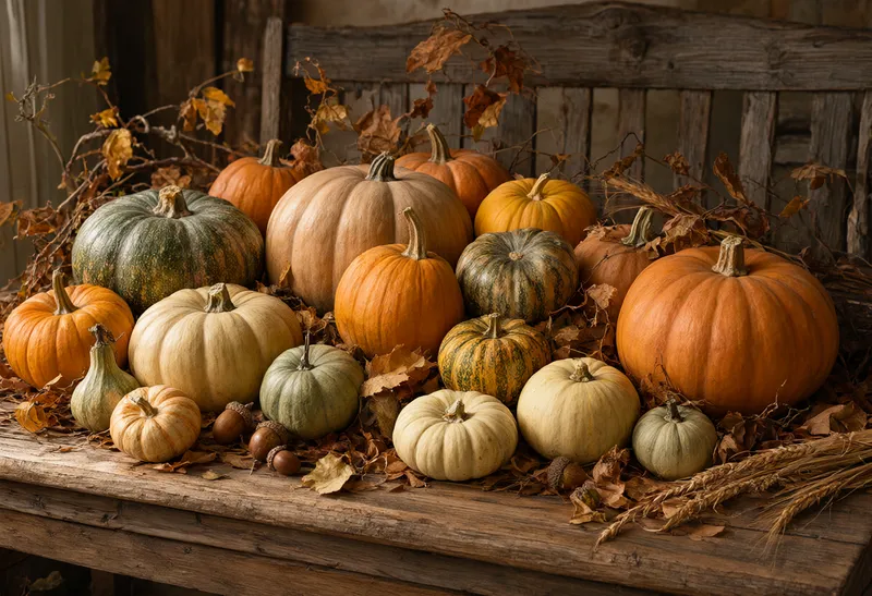 Orange, cream, and green pumpkins arranged on a rustic wooden table with dried autumn leaves. (AI-generated)