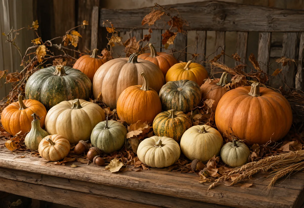 Orange, cream, and green pumpkins arranged on a rustic wooden table with dried autumn leaves. (AI-generated)