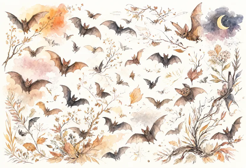 Watercolor bats flying among autumn branches and leaves with a crescent moon on a light background. (AI-generated)