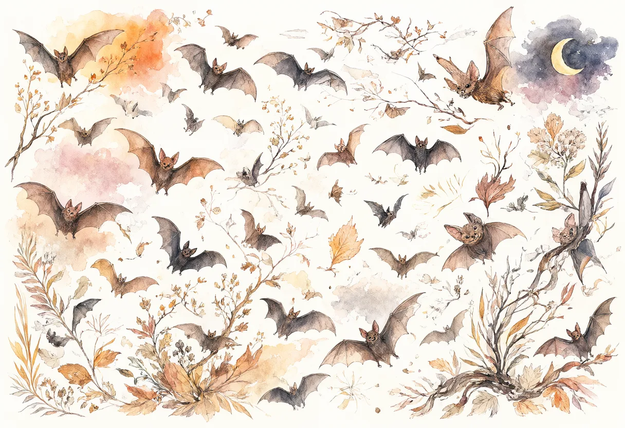 Watercolor bats flying among autumn branches and leaves with a crescent moon on a light background. (AI-generated)