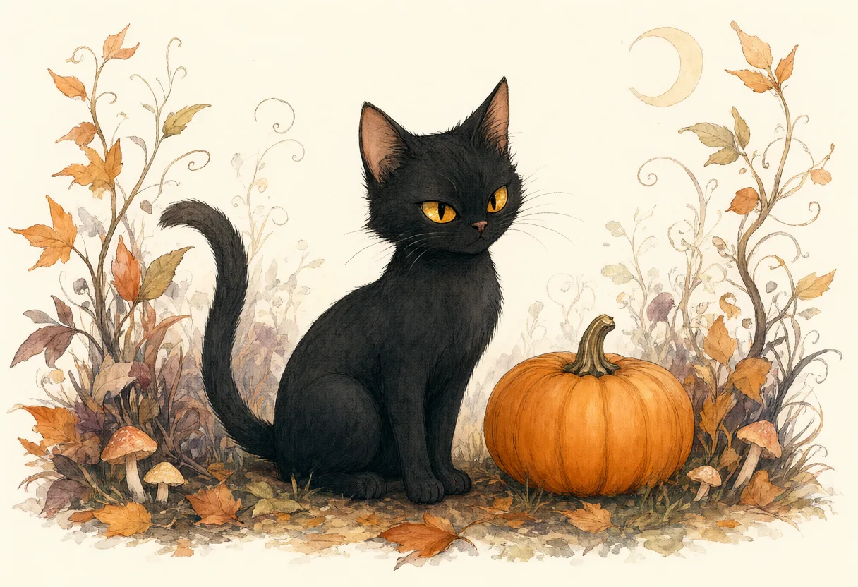 Fluffy black cat with golden eyes beside a large orange pumpkin, surrounded by autumn leaves and mushrooms. (AI-generated)