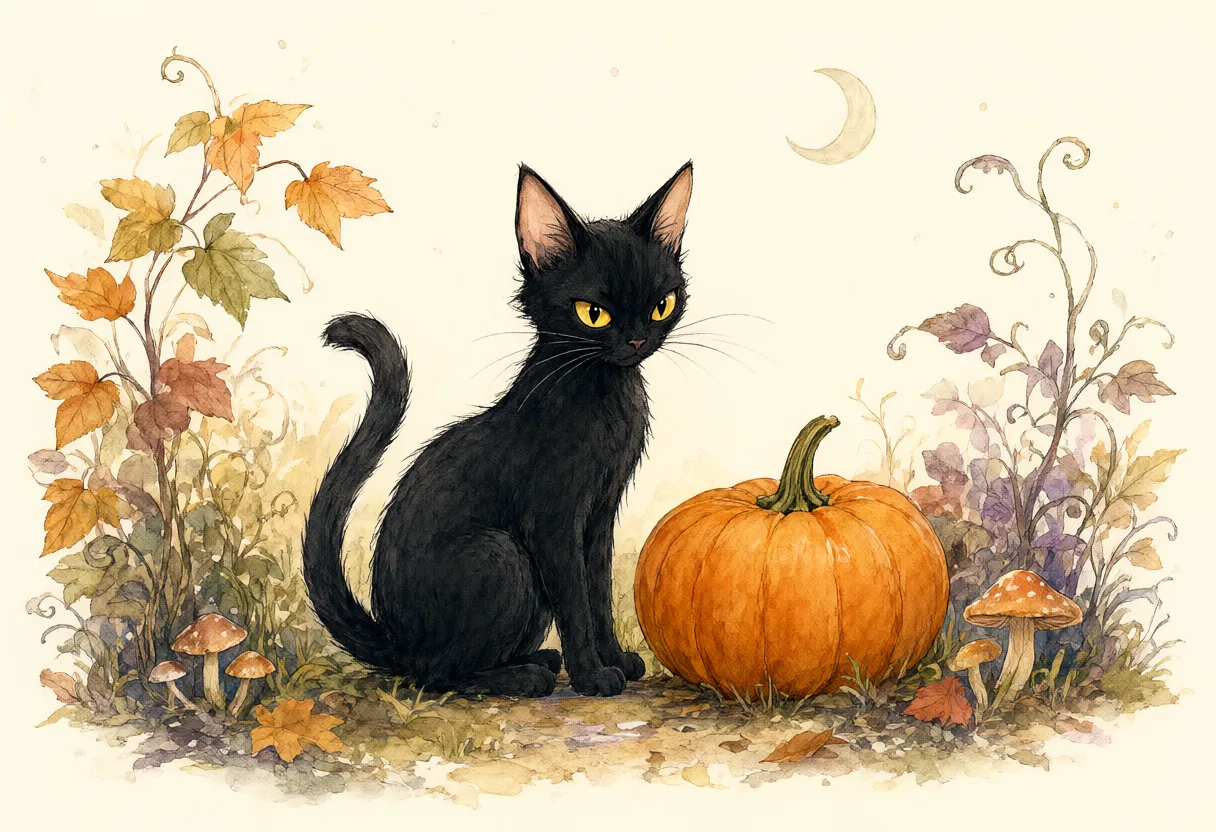 Black cat with golden eyes sitting beside an orange pumpkin among autumn leaves and mushrooms in a watercolor illustration. (AI-generated)