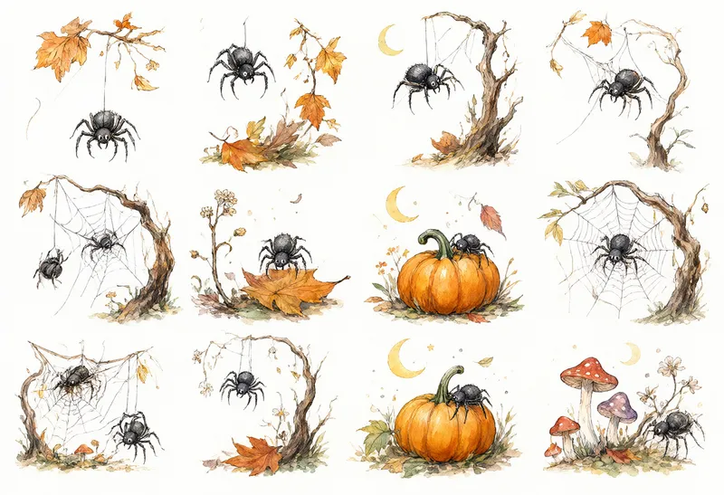 Watercolor Halloween spider illustrations with webs, twisted branches, autumn leaves, and pumpkins on a light background. (AI-generated)