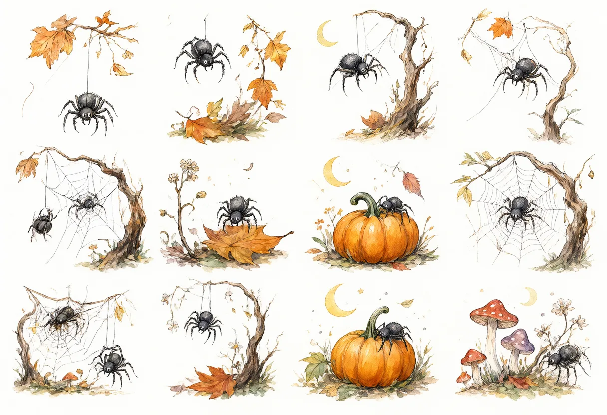 Watercolor Halloween spider illustrations with webs, twisted branches, autumn leaves, and pumpkins on a light background. (AI-generated)