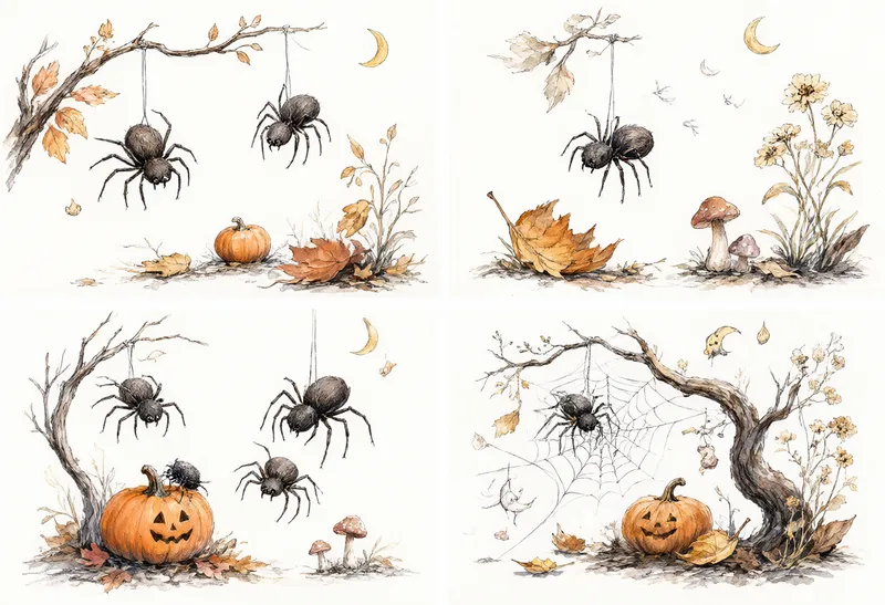 Watercolor Halloween spiders hanging from autumn branches with pumpkins, leaves, mushrooms, and spiderwebs. (AI-generated)