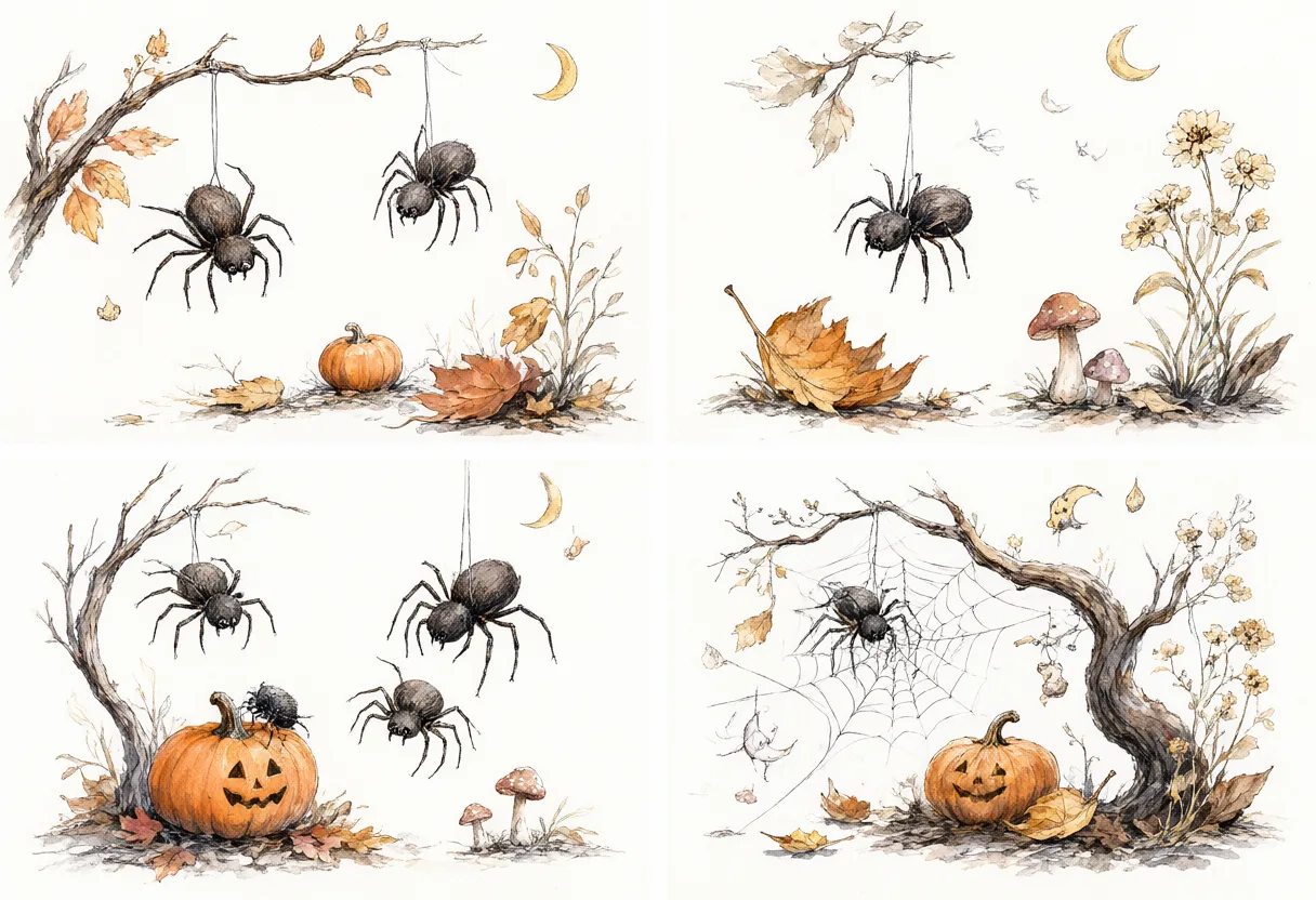 Watercolor Halloween spiders hanging from autumn branches with pumpkins, leaves, mushrooms, and spiderwebs. (AI-generated)