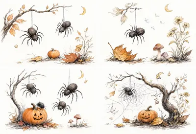 Watercolor Halloween Spiders on Autumn Branches (AI-generated)