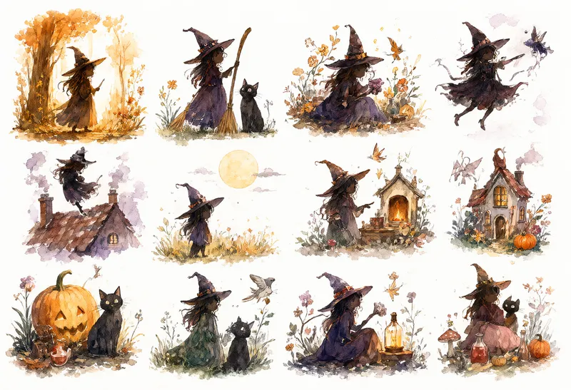 Watercolor collection of Halloween witches, black cats, autumn leaves, and magical woodland scenes. (AI-generated)