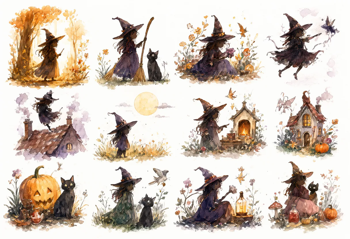 Watercolor collection of Halloween witches, black cats, autumn leaves, and magical woodland scenes. (AI-generated)