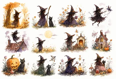 ภาพวาดสีน้ำแม่มดฮาโลวีนและแมวดำ (สร้างด้วย AI)