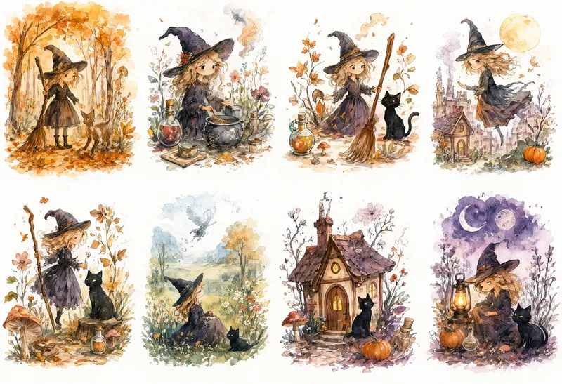 A collection of watercolor illustrations showing cute witches, black cats, potion bottles, autumn plants, and fantasy cottages. (AI-generated)
