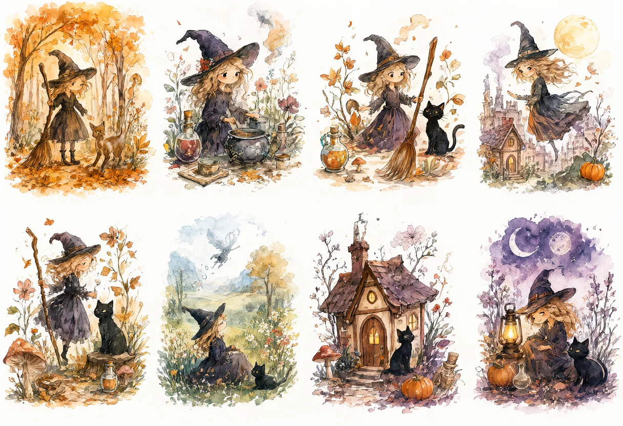 A collection of watercolor illustrations showing cute witches, black cats, potion bottles, autumn plants, and fantasy cottages. (AI-generated)