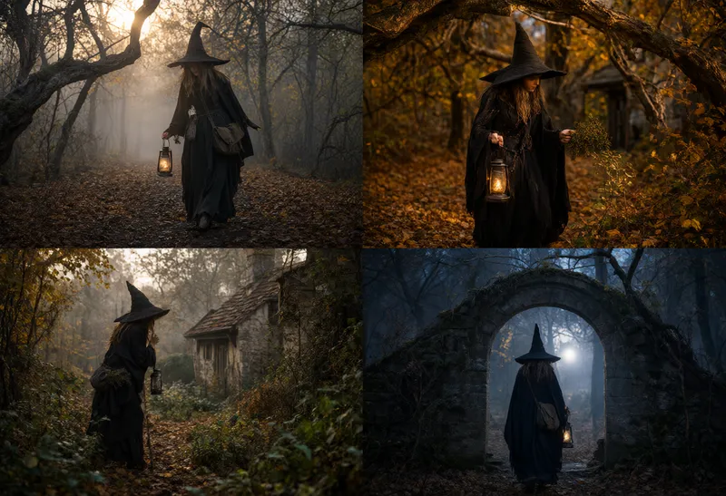 A Halloween autumn scene with a witch holding a lantern, pumpkins, dried plants, and an open dark wooden background area. (AI-generated)