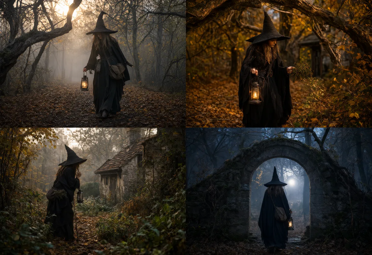 A Halloween autumn scene with a witch holding a lantern, pumpkins, dried plants, and an open dark wooden background area. (AI-generated)