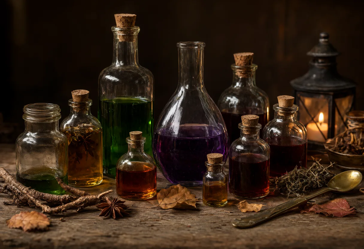 Glass bottles filled with green, purple, and amber potions stand on a rustic wooden table beside dried herbs and a glowing lantern. (AI-generated)