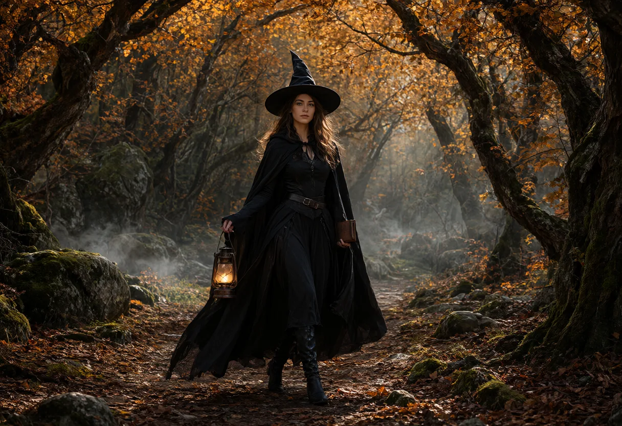 A witch in a dark cloak carries a lantern through a misty autumn forest in a series of atmospheric woodland scenes. (AI-generated)