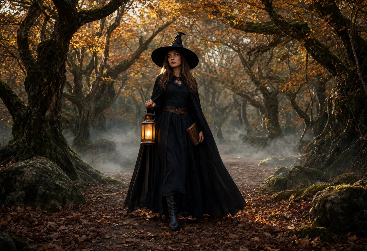 A woman dressed as a witch walks through an autumn forest holding a glowing lantern and an old book. (AI-generated)