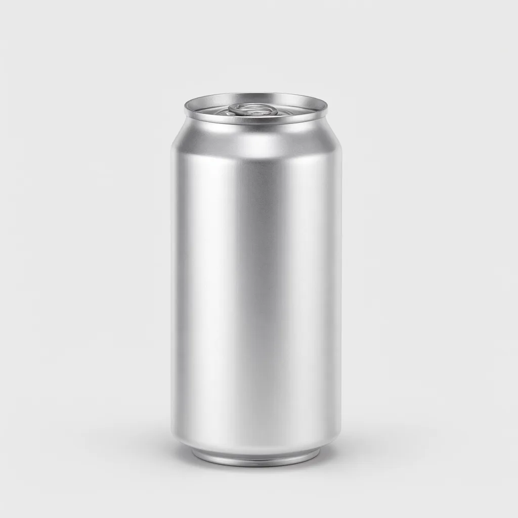Plain silver aluminum beverage can with a pull-tab lid on a light gray background. (AI-generated)